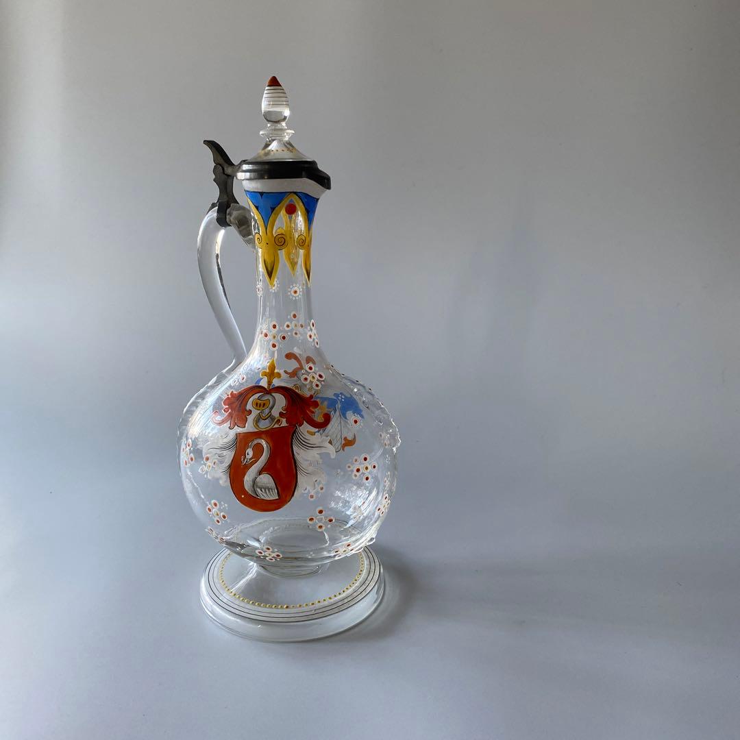 18世紀末 ドイツ 紋章入り エナメル彩ガラス デキャンタ 蓋付