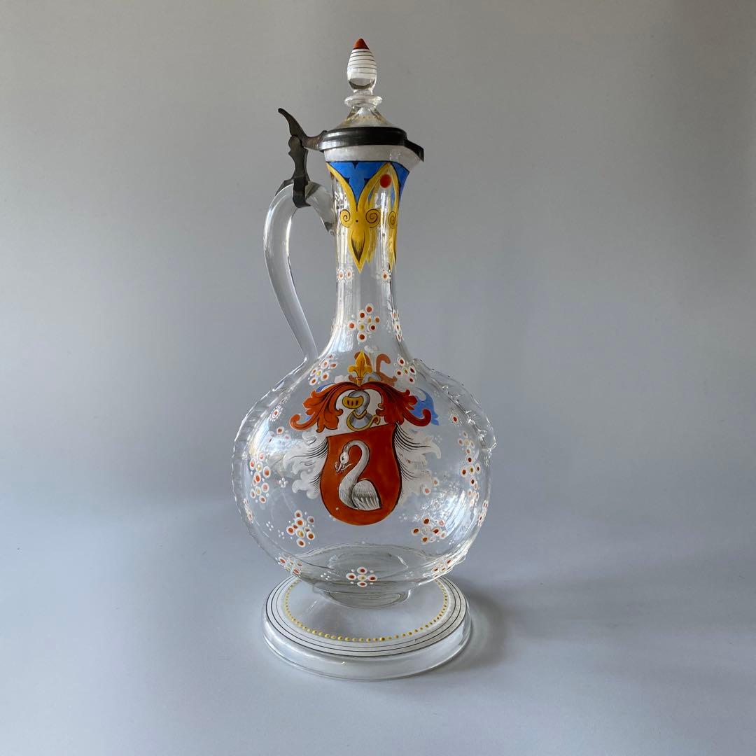 18世紀末 ドイツ 紋章入り エナメル彩ガラス デキャンタ 蓋付