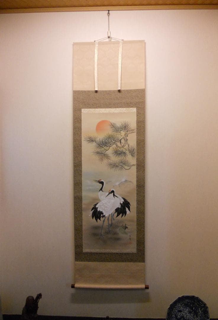 掛け軸 月峰 『 松鶴 』 絹本 希少 軸装 茶道具 掛軸 美品 です。