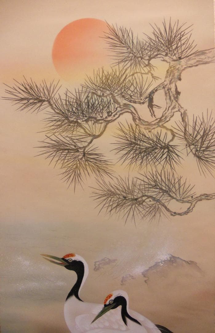 掛け軸 月峰 『 松鶴 』 絹本 希少 軸装 茶道具 掛軸 美品 です。