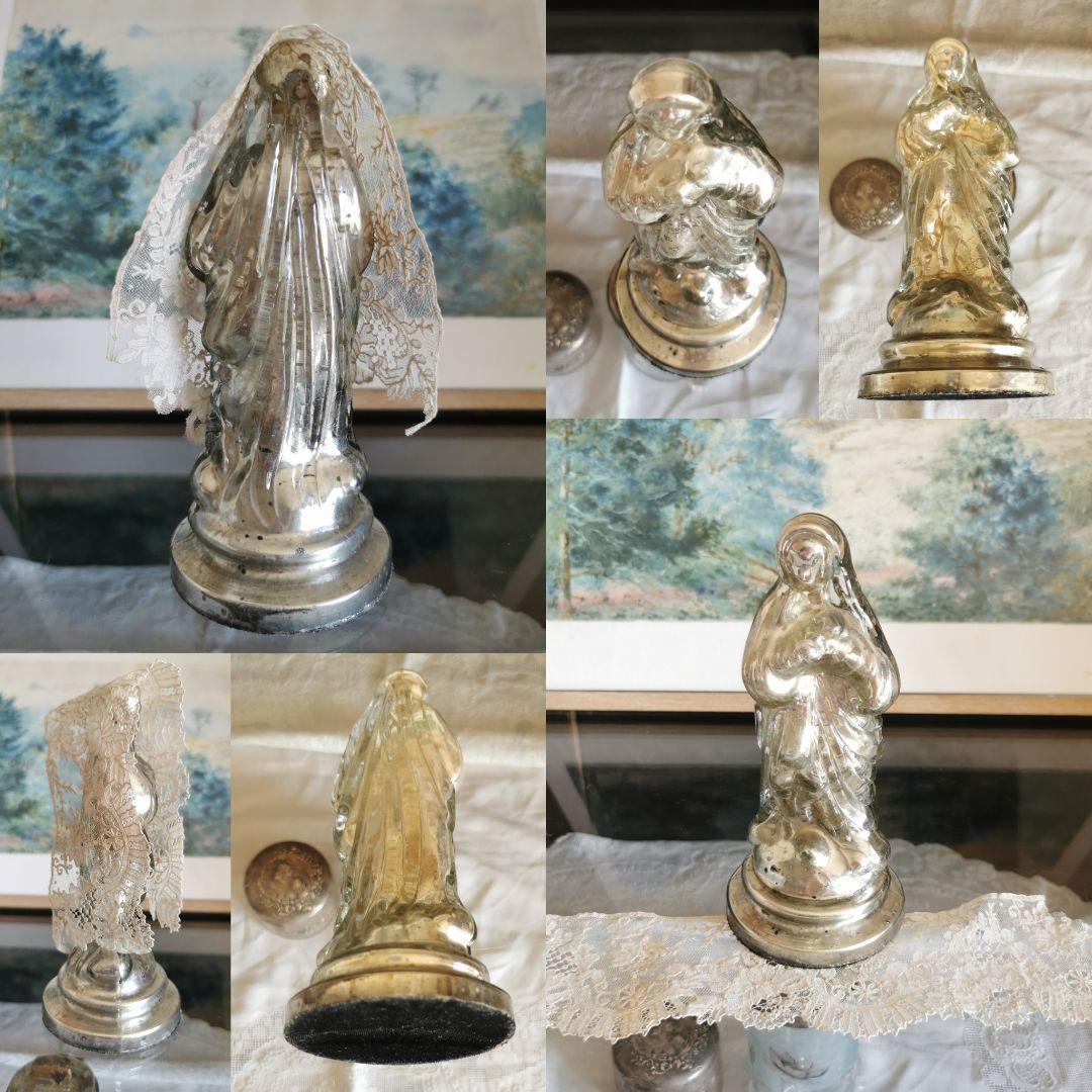 アンティーク 水銀ガラス赤子を抱くマリア像 ＆ブリュッセルレース ポワンドローズ