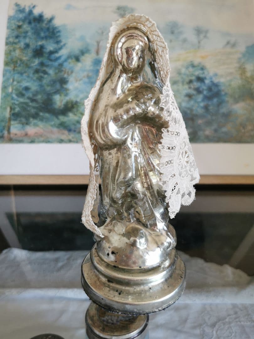 アンティーク 水銀ガラス赤子を抱くマリア像 ＆ブリュッセルレース ポワンドローズ
