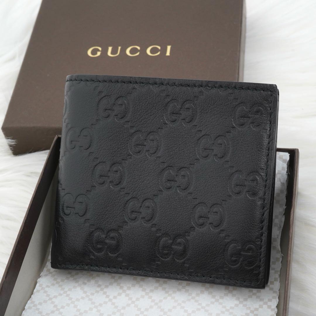 未使用品　箱付き　GUCCI グッチ　二つ折り財布　GG柄　シマ　ブラック