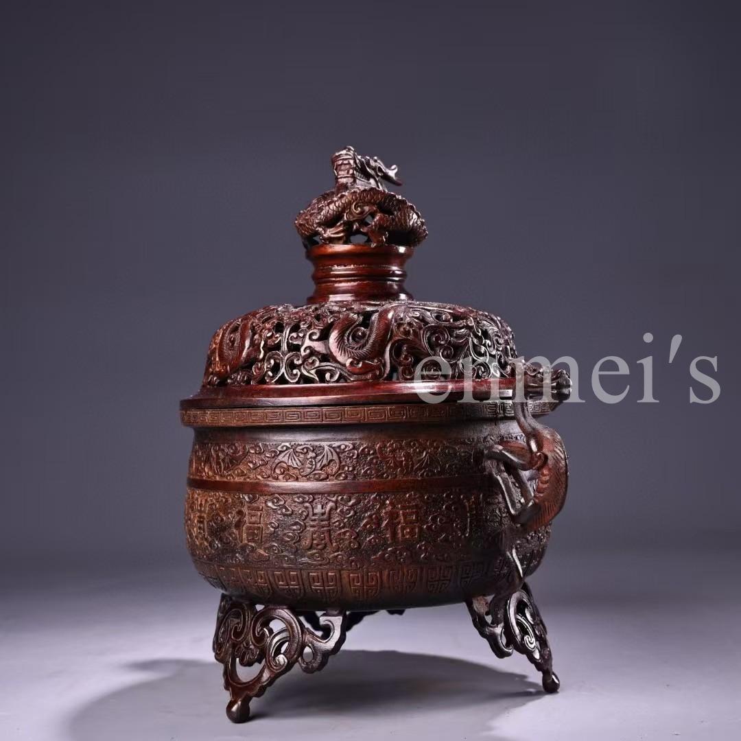 中国古美術・旧蔵純銅熏香炉・純銅製・香炉・鏨刻・高浮彫・置物・茶道具・文房具