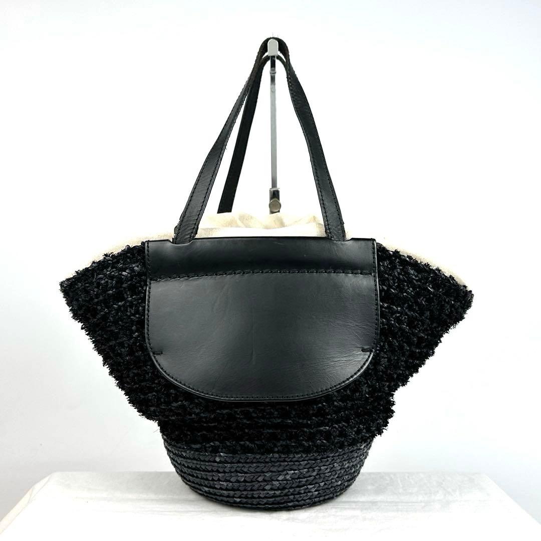 TOD'S■ラフィア かごバッグ 2way ショルダーバッグ 巾着型 ブラック