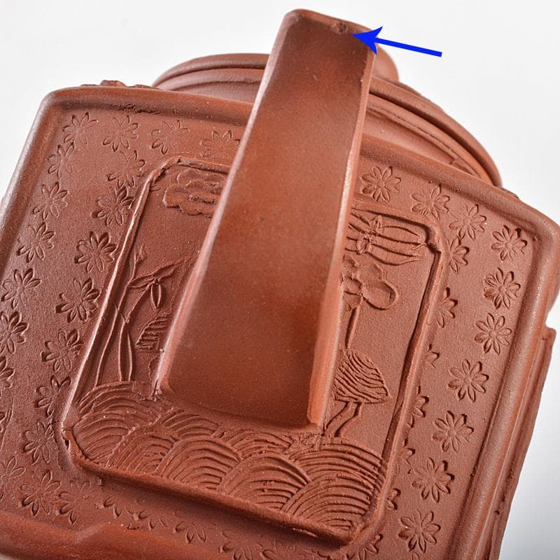 中国　紫砂　朱泥　山水人物神獣文　四方急須　茶壷　在銘　C　R6149