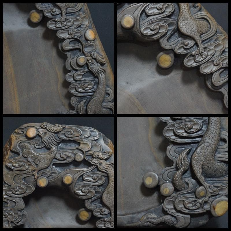 大型端渓硯 細密彫り『雲龍戯珠紋』18石眼 重さ3.2㎏★時代物★書道具