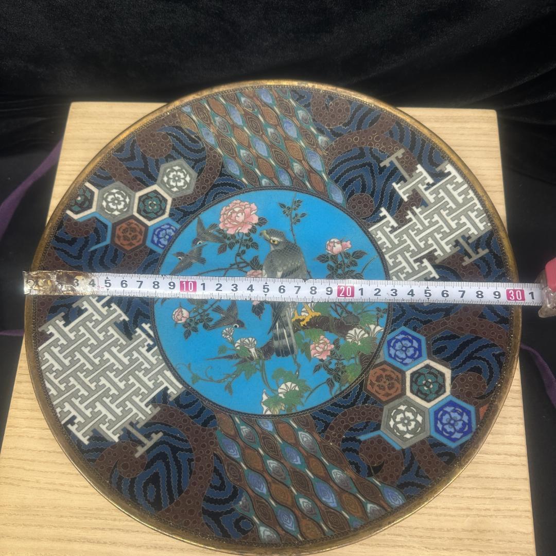 中国　景泰藍焼　七宝 牡丹鷹雀花鳥文飾皿