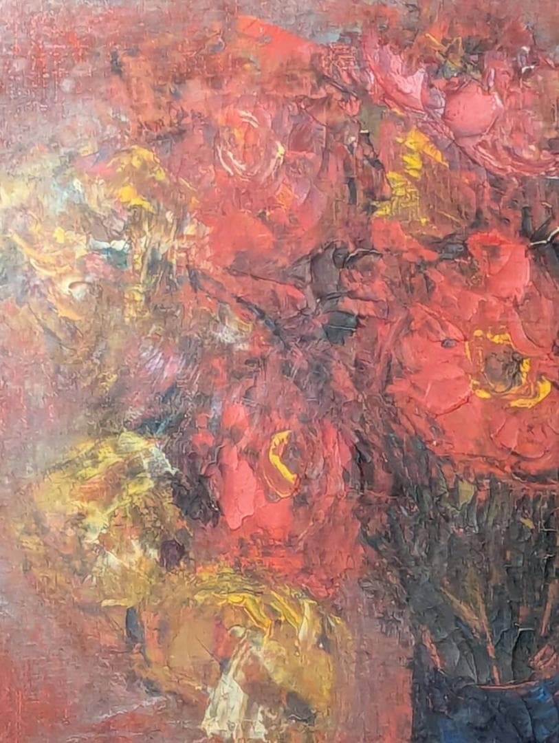 【真作】絵画　油彩4号　情熱の赤に咲く花束　力強いマチエールの一枚　Y101