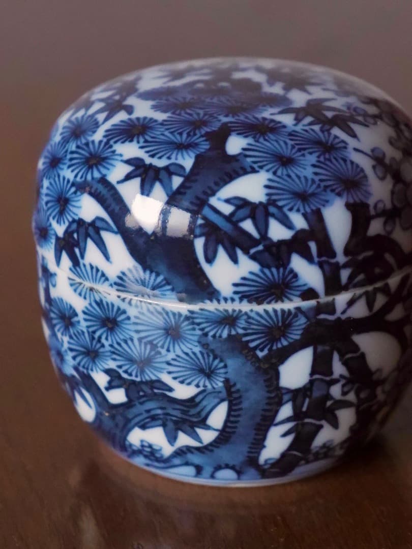 「19日まで掲載」五良大甫　呉祥瑞造　染付　松竹梅　茶器　茶入れ Q2253