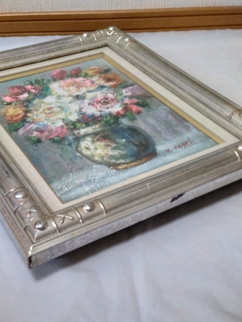 油絵　薔薇　肉筆　額装　油彩画