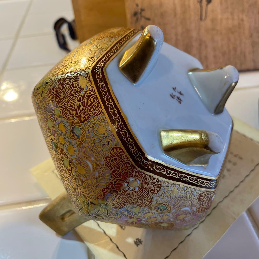 九谷焼　東田秋峰　秋峰本金花詰　獅子　耳付き三足香炉