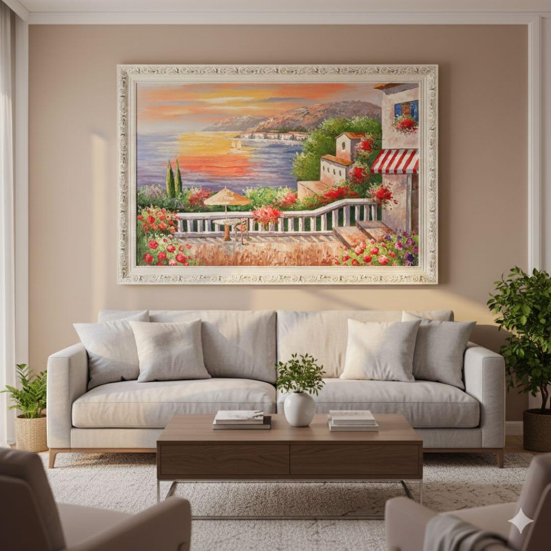 ★特大秀作★ 手書き油絵 地中海の風景 肉筆絵画 額付き インテリア 油彩画