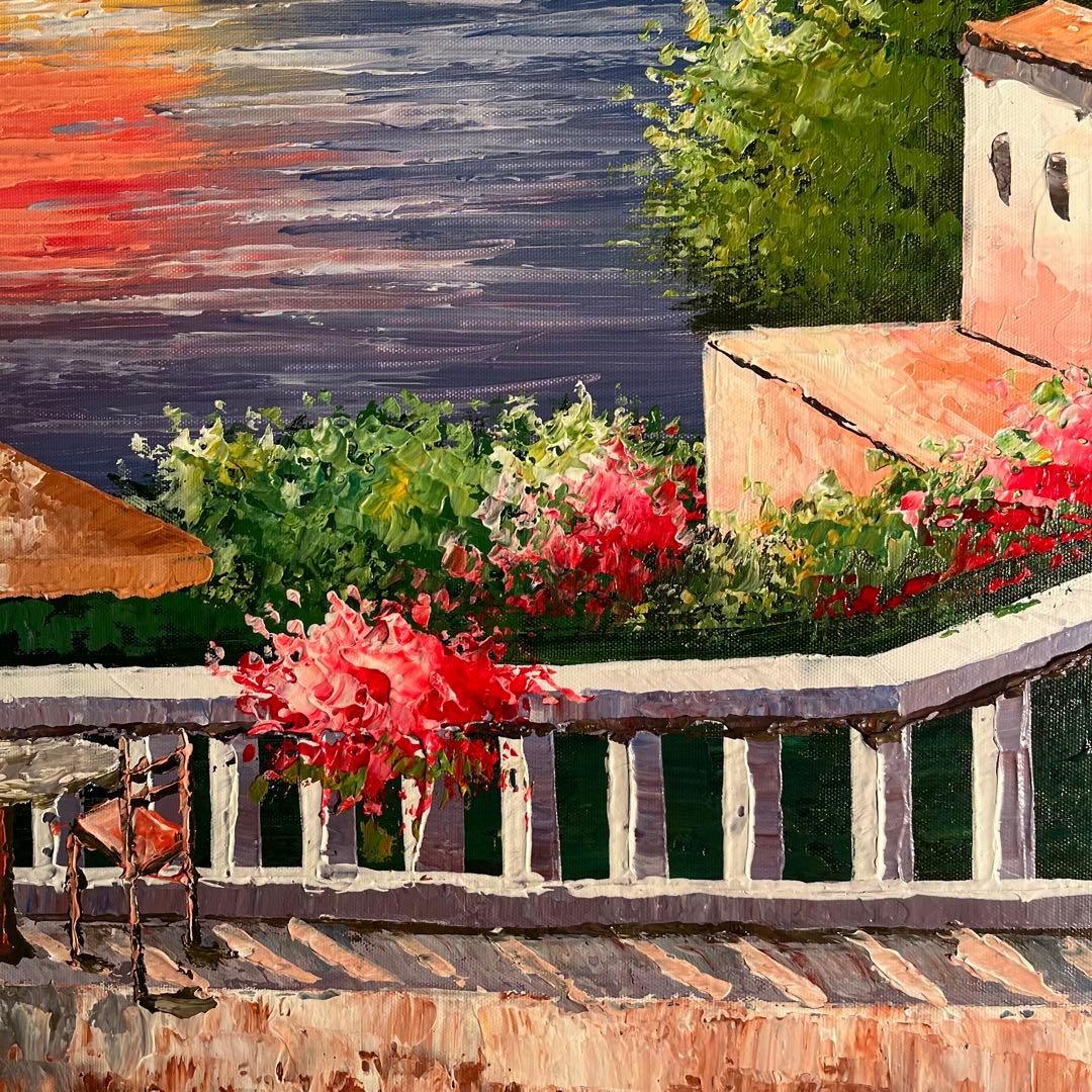 ★特大秀作★ 手書き油絵 地中海の風景 肉筆絵画 額付き インテリア 油彩画