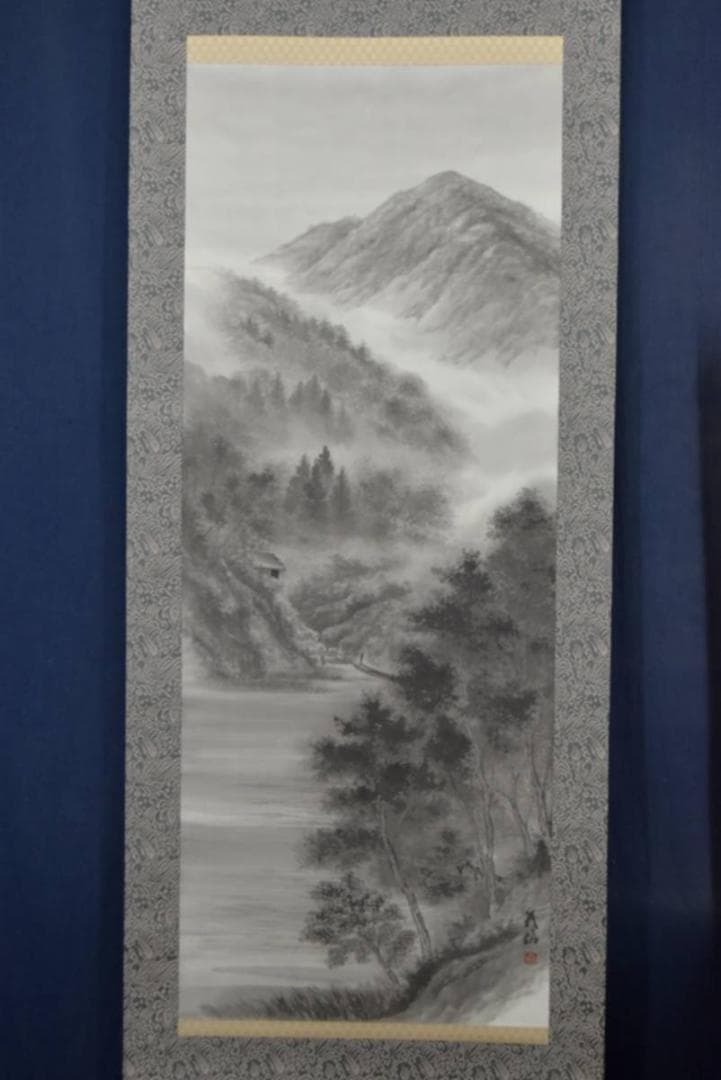 【真作】義信/山水図/掛軸/名家伝来/AA-467