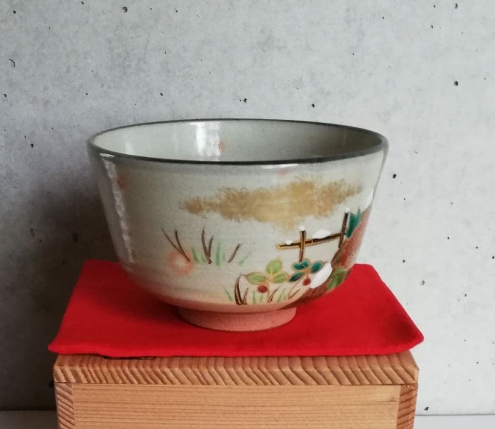 茶道具 寒牡丹 茶碗 ＆ 鋳銅蓋置 NO317