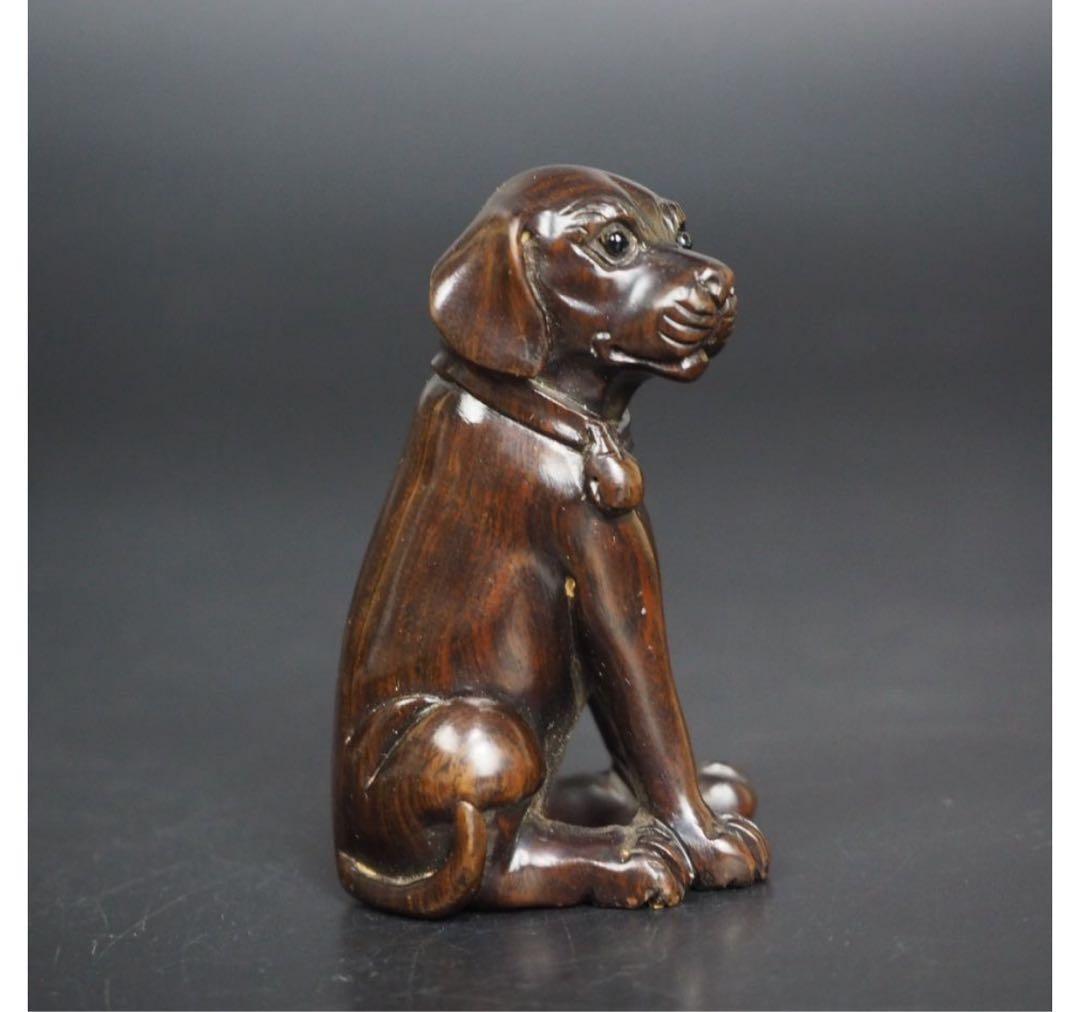 送料無料　緑檀根付　犬　提げ物　『中山』銘