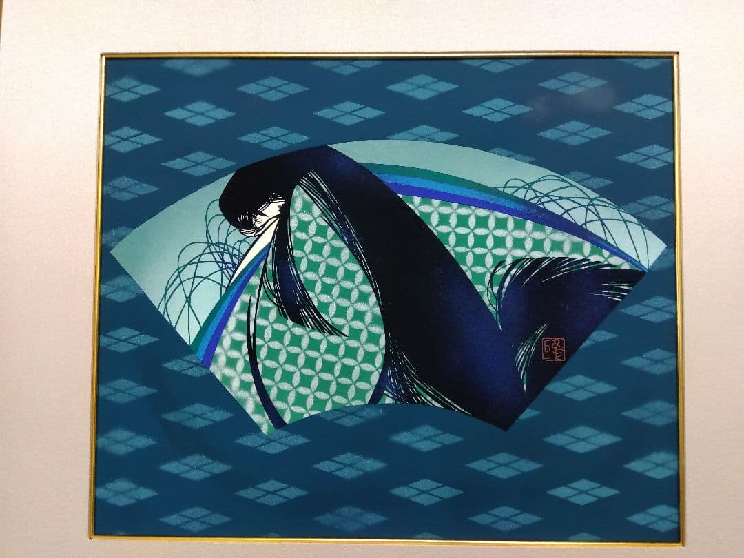 真作刀勢画　【扇面美人画】　宮田雅之　一点もの作品　額装　共シール