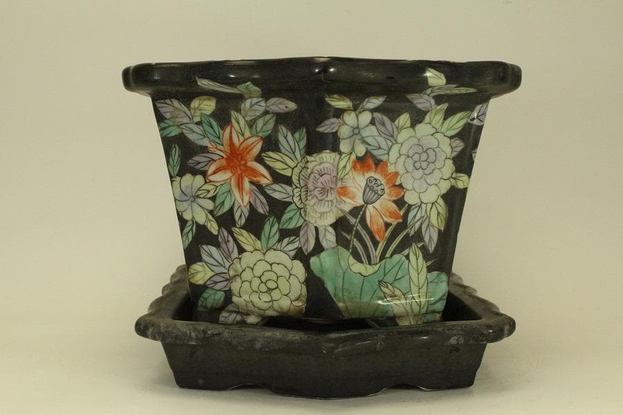 中国美術 色絵 花模様 植木鉢 花盆(ZE494)