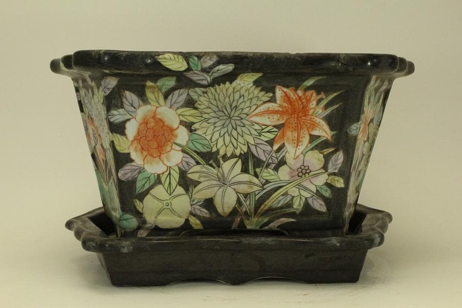 中国美術 色絵 花模様 植木鉢 花盆(ZE494)