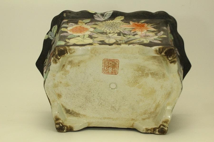 中国美術 色絵 花模様 植木鉢 花盆(ZE494)