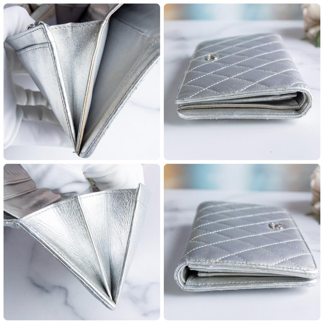 CHANEL マトラッセ ラムスキン 二つ折り長財布 財布 シルバー