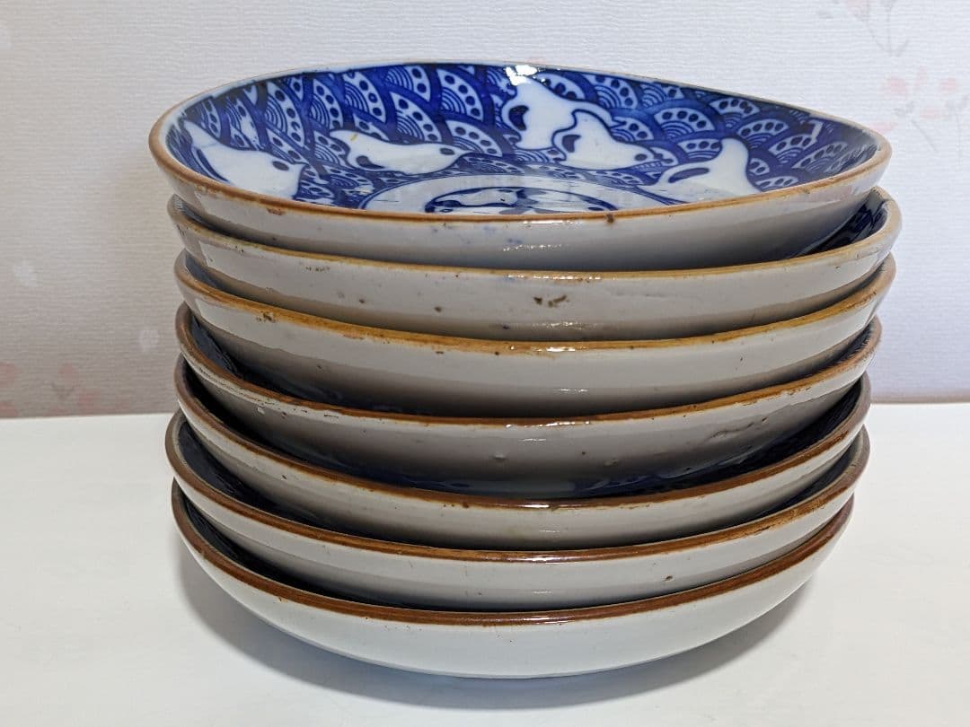 ♦明治時代 古伊万里 染付波千鳥 青海波文 中皿 コレクション骨董品アンティーク