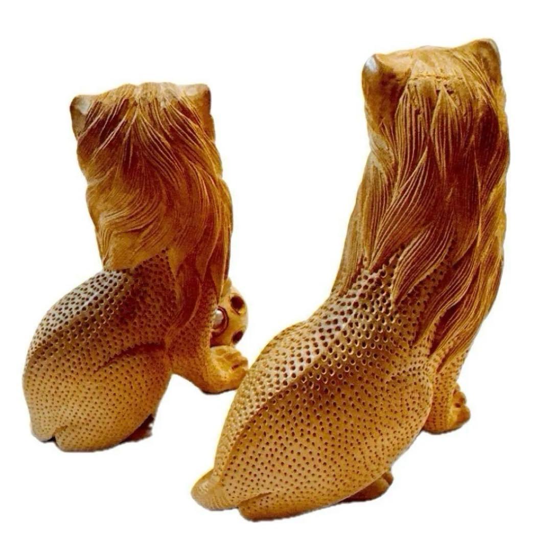 工芸品　狛犬　木製総木彫　インテリア　1点物　魔除け 縁起物 彫刻つがい　玉獅子