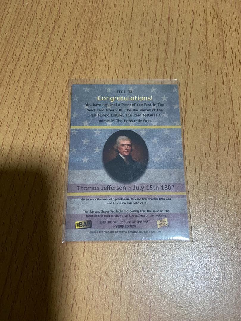 超貴重！トマスジェファソン大統領レリックカード Thomas Jefferson