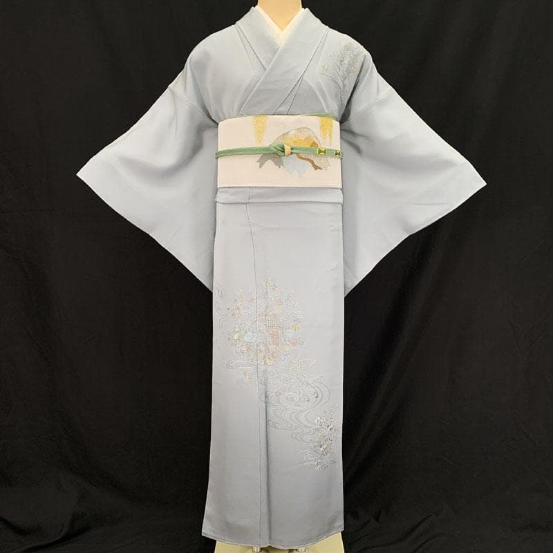 601mh53☆付下げ スワトウ刺繍 シンプル 水辺に花車 灰青☆しつけ付き美品