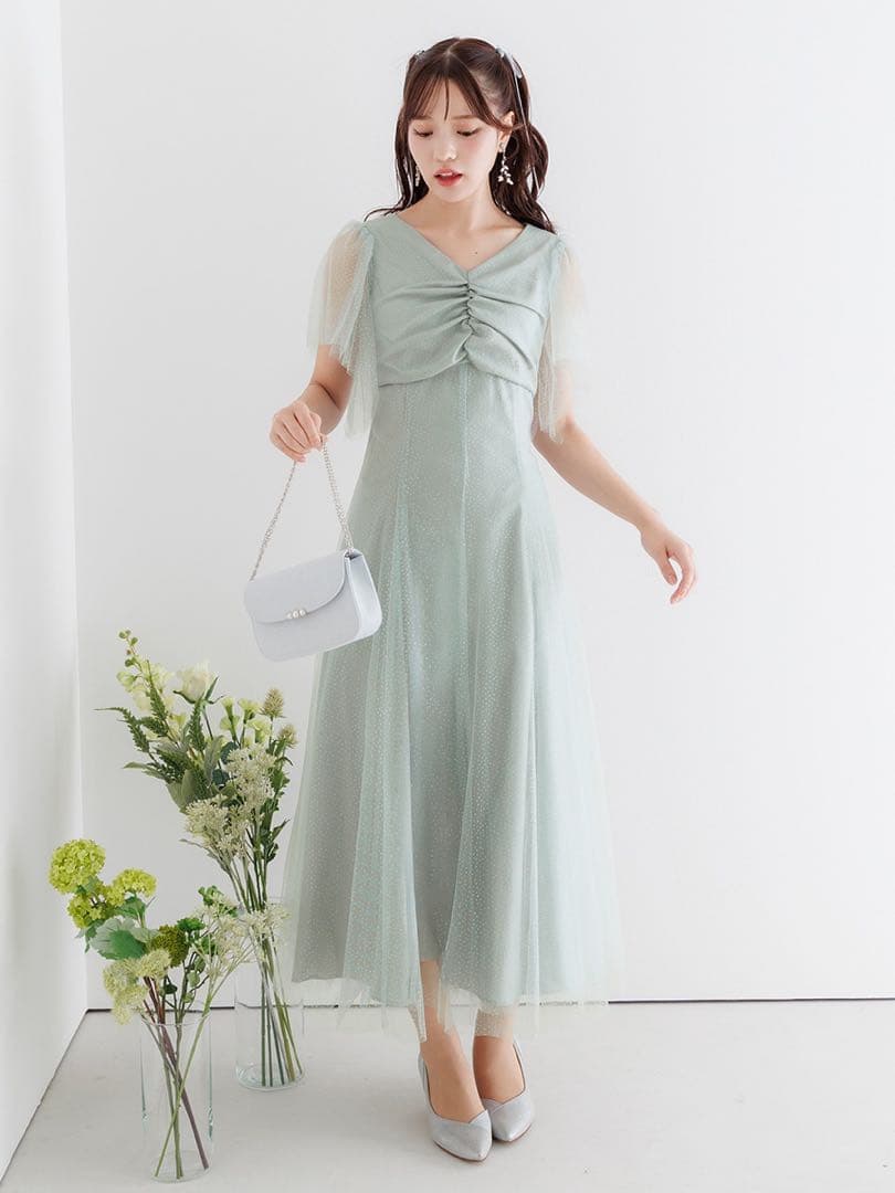 AIMER グリッターチュールフロントギャザー袖付きレースアップパーティードレス