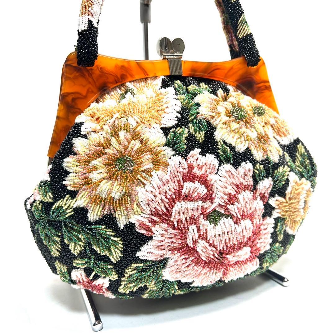 【美品】ビーズ総刺繍/花柄 ボタニカル柄/ハンドバッグ 和装バッグ ビーズバッグ