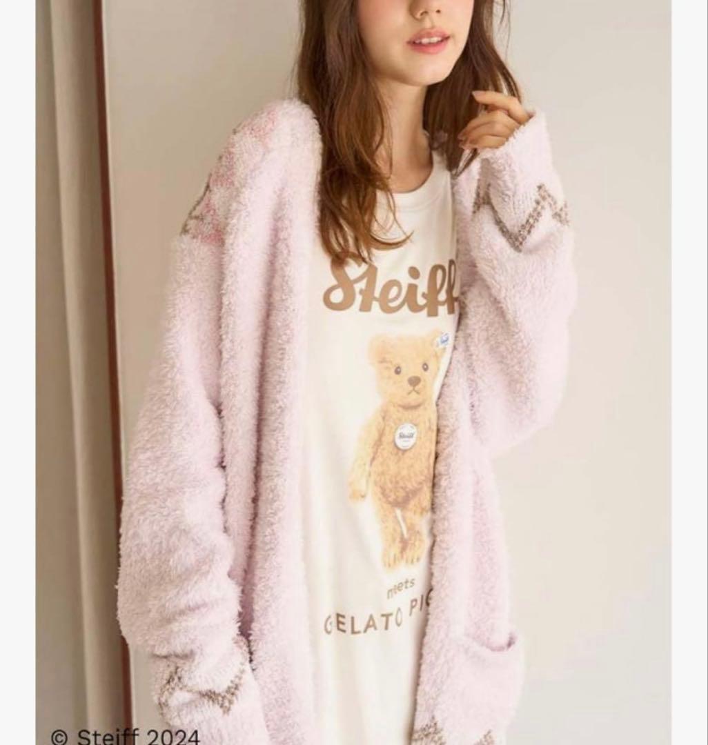 新品！ ジェラートピケ　Steiff シュタイフコラボ　カーディガン　ピンクベア