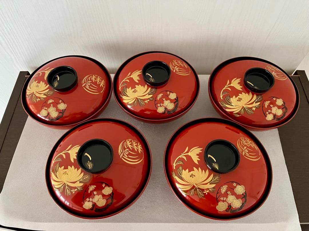 ❤️ 木曽漆器 木製漆器 朱塗り 金蒔絵 草花文 蓋付煮物椀 5 ❤️