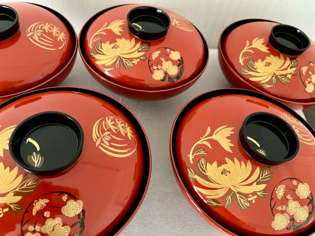 ❤️ 木曽漆器 木製漆器 朱塗り 金蒔絵 草花文 蓋付煮物椀 5 ❤️
