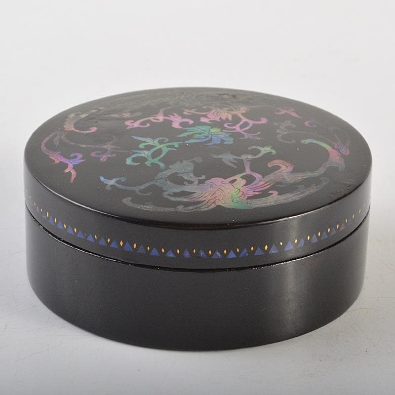 韓国漆器　螺鈿細工　圓式菓子器　小物入　宝石箱　箱付　C　R7470