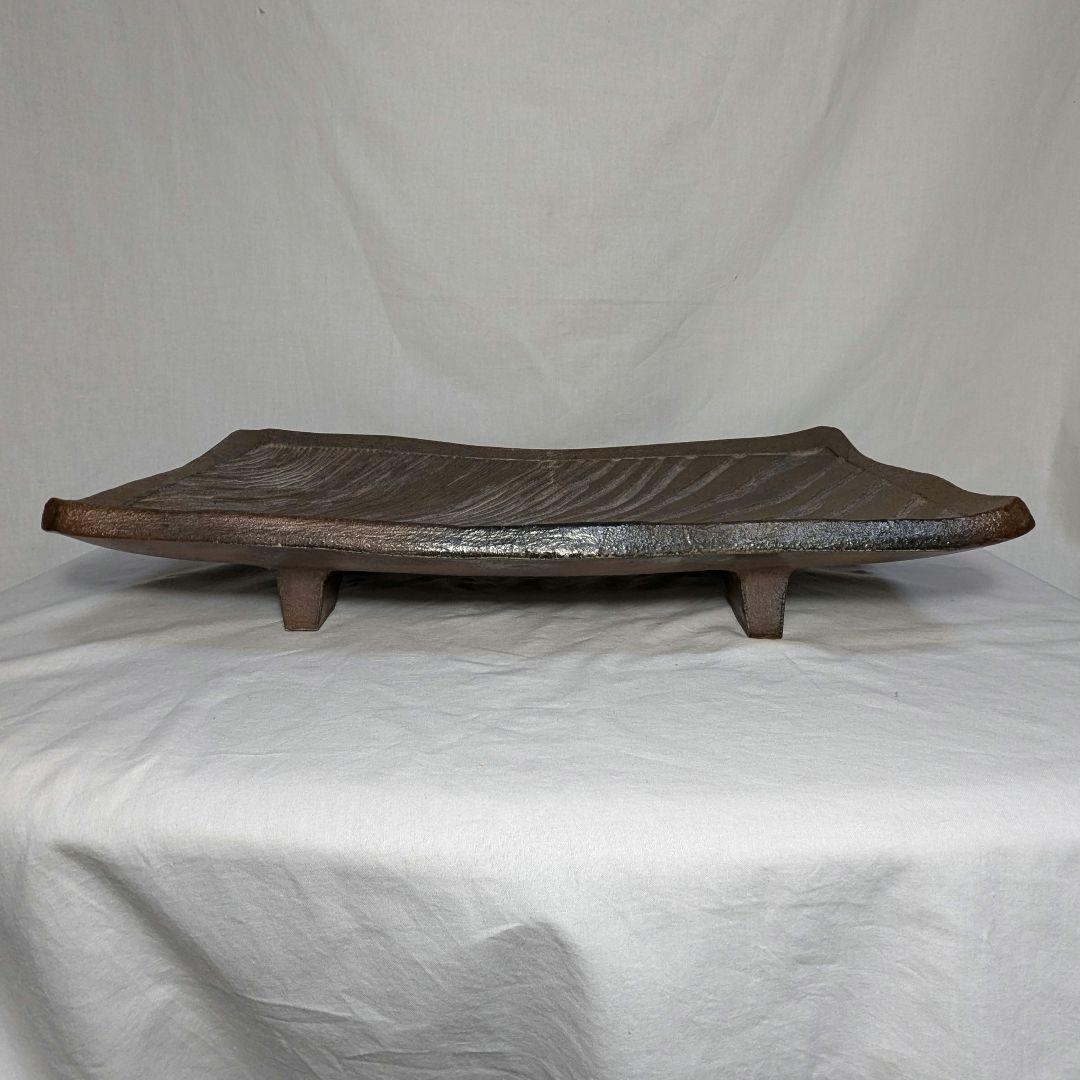 【直しあり】岡山県重要無形文化財 山本出 備前焼 足付縞文様長方皿 花台 陶板