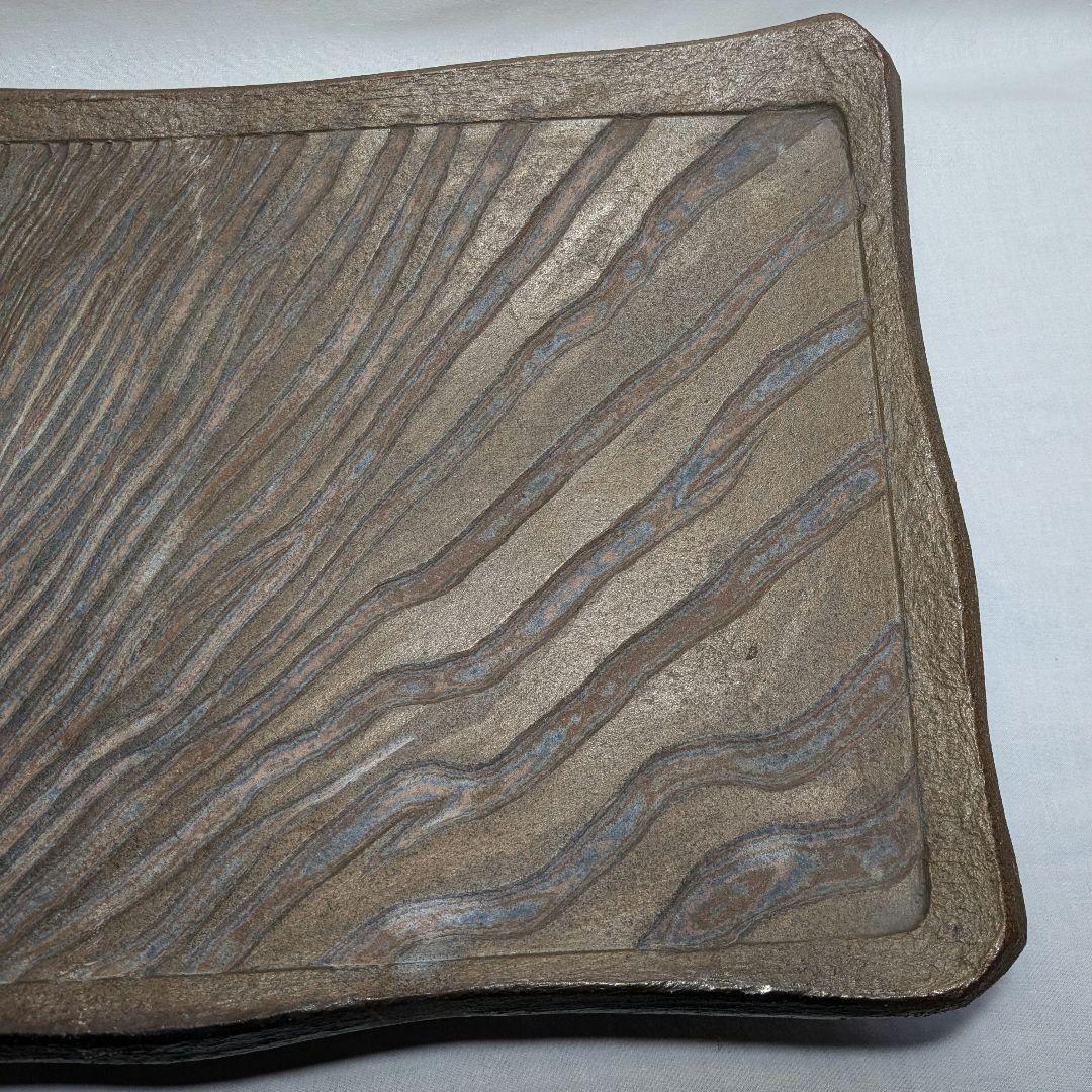 【直しあり】岡山県重要無形文化財 山本出 備前焼 足付縞文様長方皿 花台 陶板