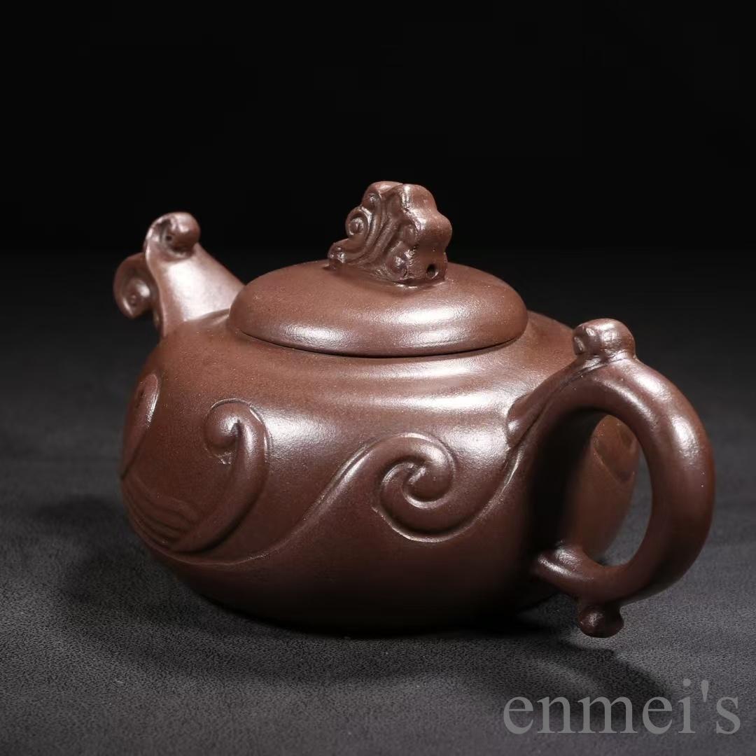 中国古美術 中国宜興 紫砂壺 如意壺 底款汪寅仙 原鉱紫泥 急須 茶壺 煎茶道具