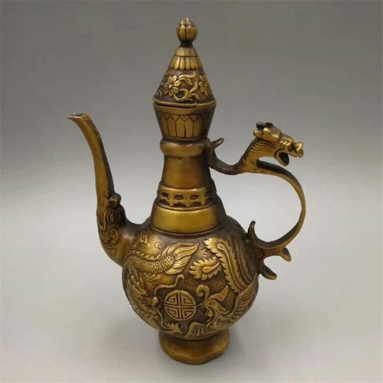 古い銅器工芸品龍鳳吉祥徳利置物  家庭銅器置物