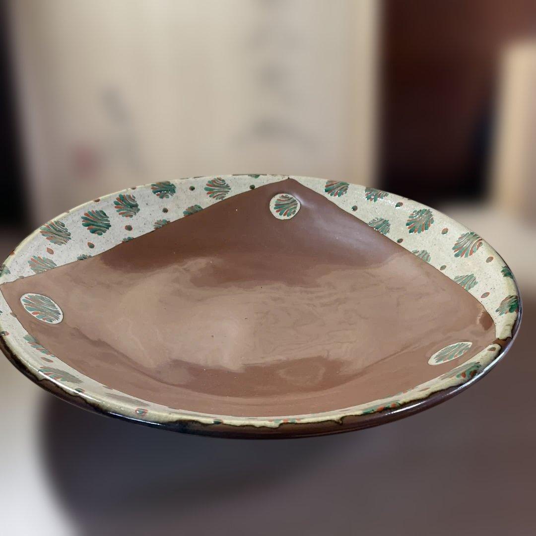 濱田友緒　柿釉赤絵大皿　共箱