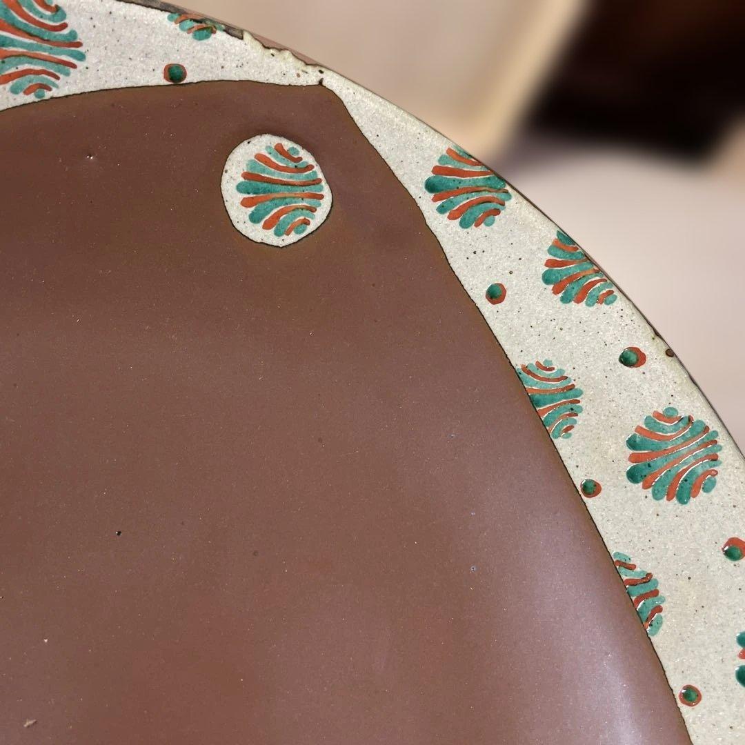 濱田友緒　柿釉赤絵大皿　共箱