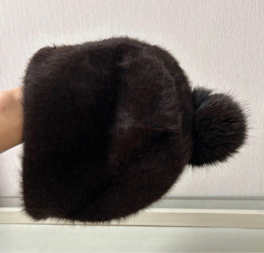 Maxmara リアルファー　アンゴラ　ニット帽　ポンポン付　ブラウン　ビーニー