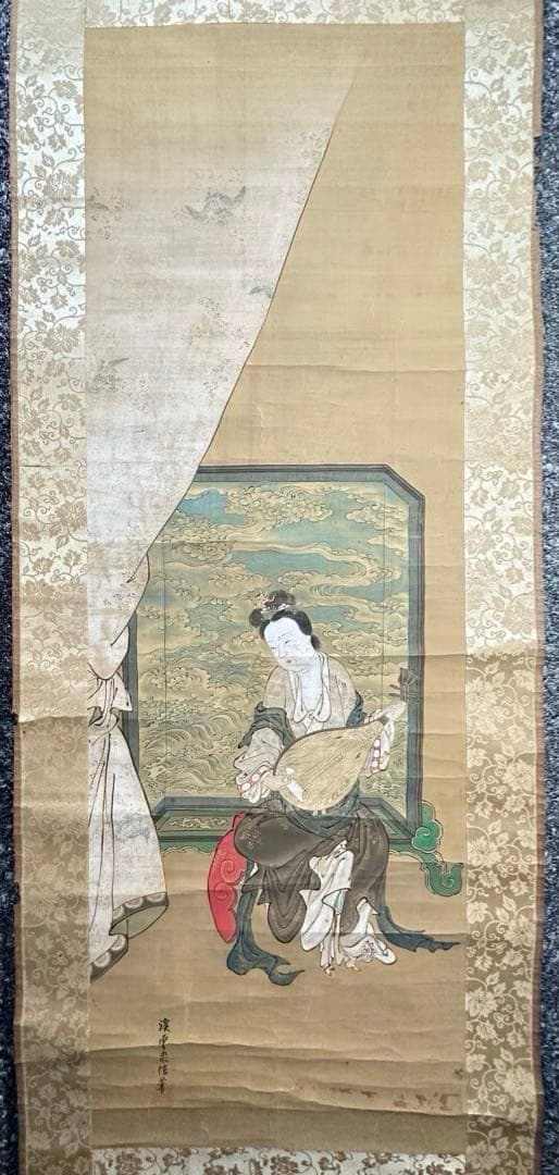 2108様感謝‼️真作　妙なる音色‼️狩野渓雲来信「琵琶仙女」掛け軸　美人画落款署名