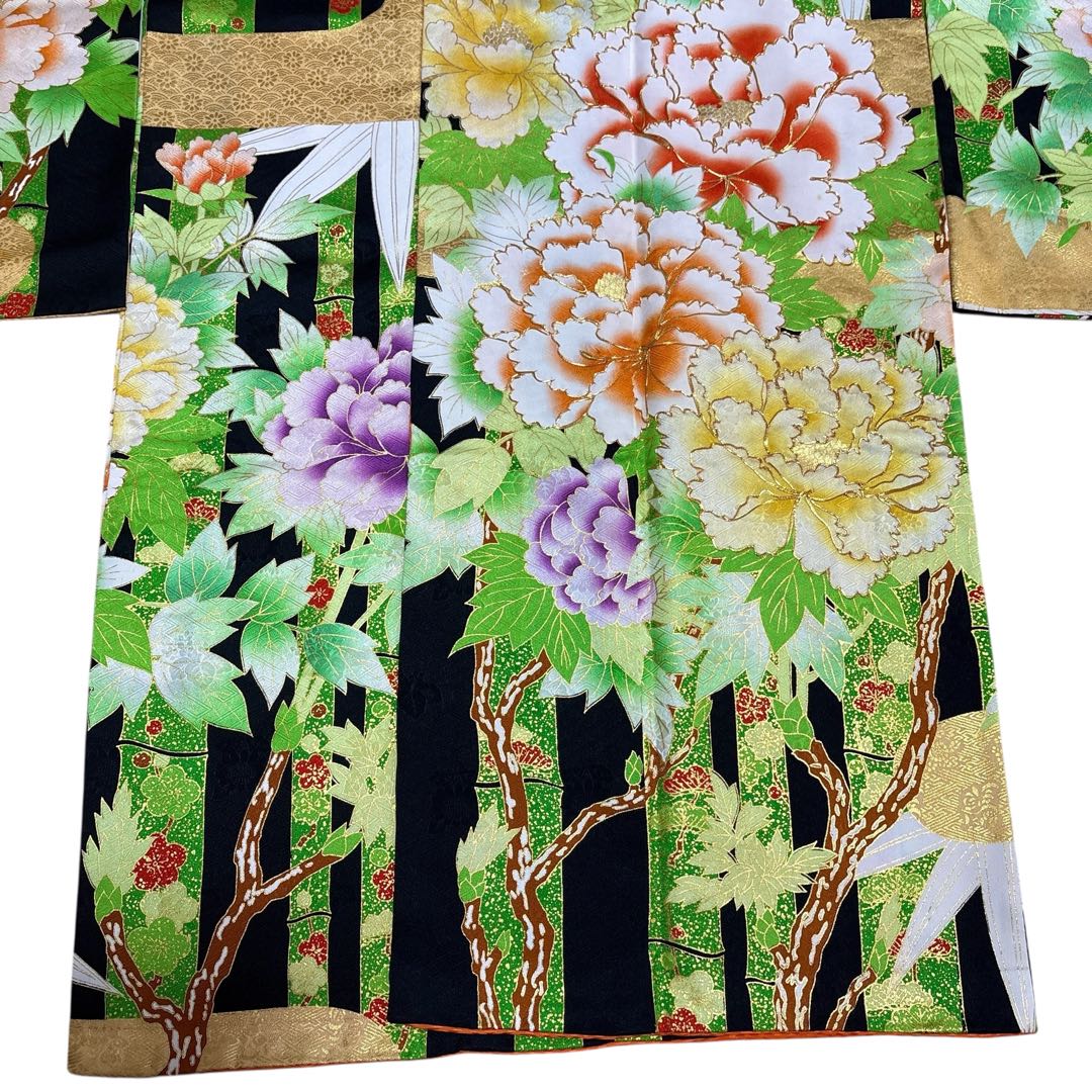 (う10) 竹縞に咲く艶牡丹 大正浪漫な雰囲気を漂わすアンティーク振袖⑤点セット