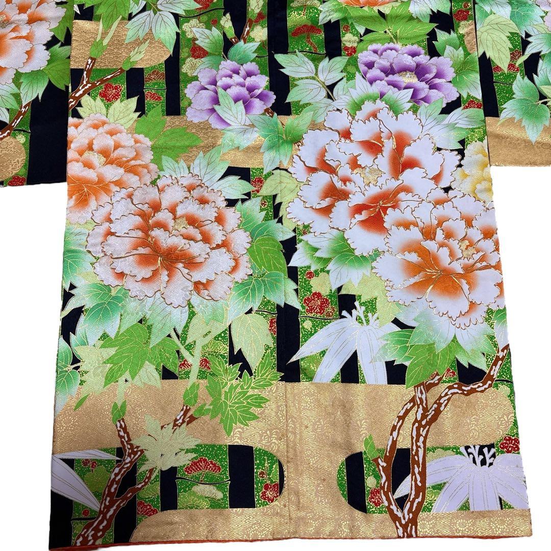 (う10) 竹縞に咲く艶牡丹 大正浪漫な雰囲気を漂わすアンティーク振袖⑤点セット