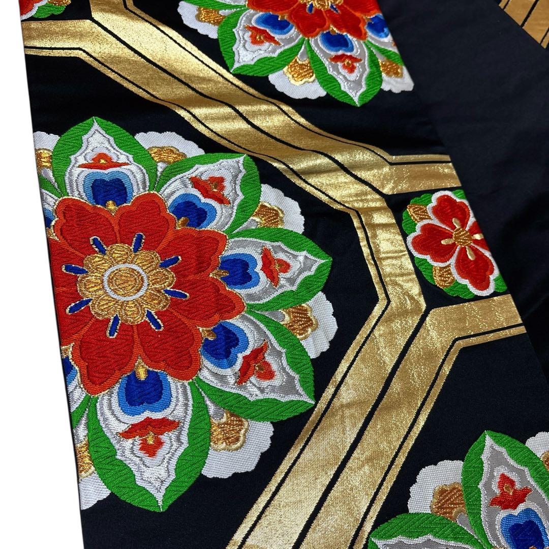 (う10) 竹縞に咲く艶牡丹 大正浪漫な雰囲気を漂わすアンティーク振袖⑤点セット