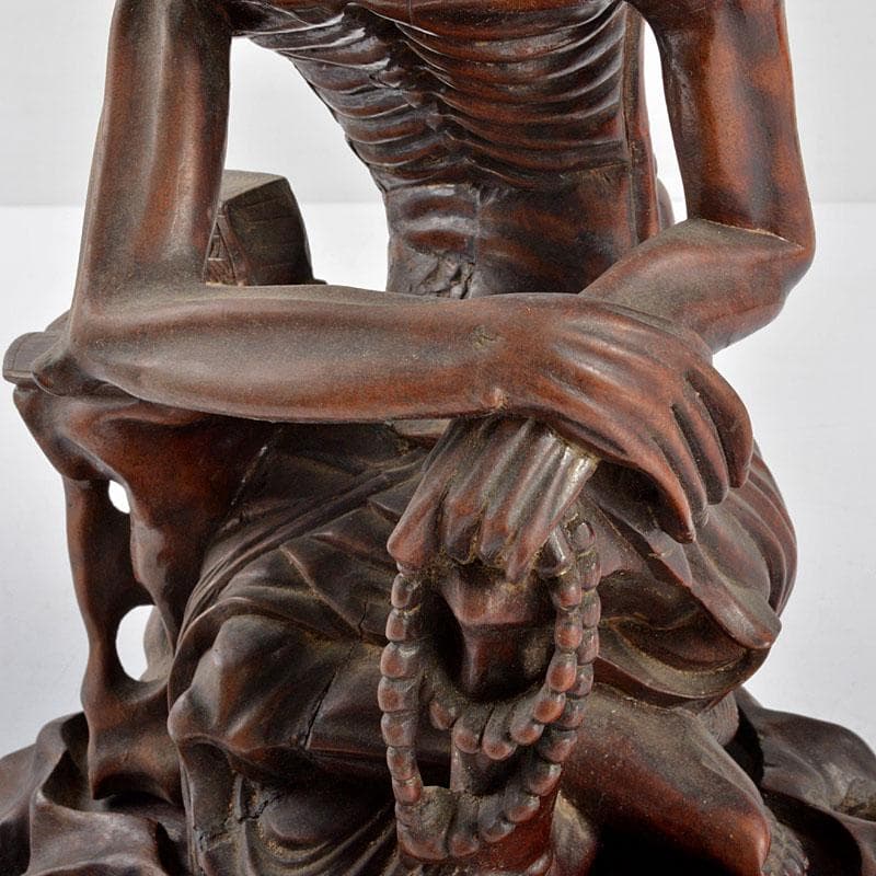 中国　唐木黄楊木 彫刻　達磨像　人物像　置物　台付　H　R4819