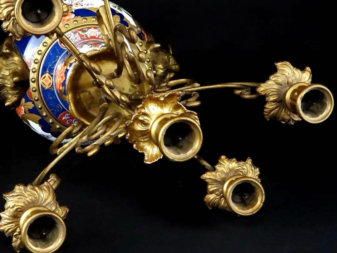 古美術 有田焼 色絵 花鳥紋 銅製 獣耳遊環 四足 燭台/高さ約103.6cm