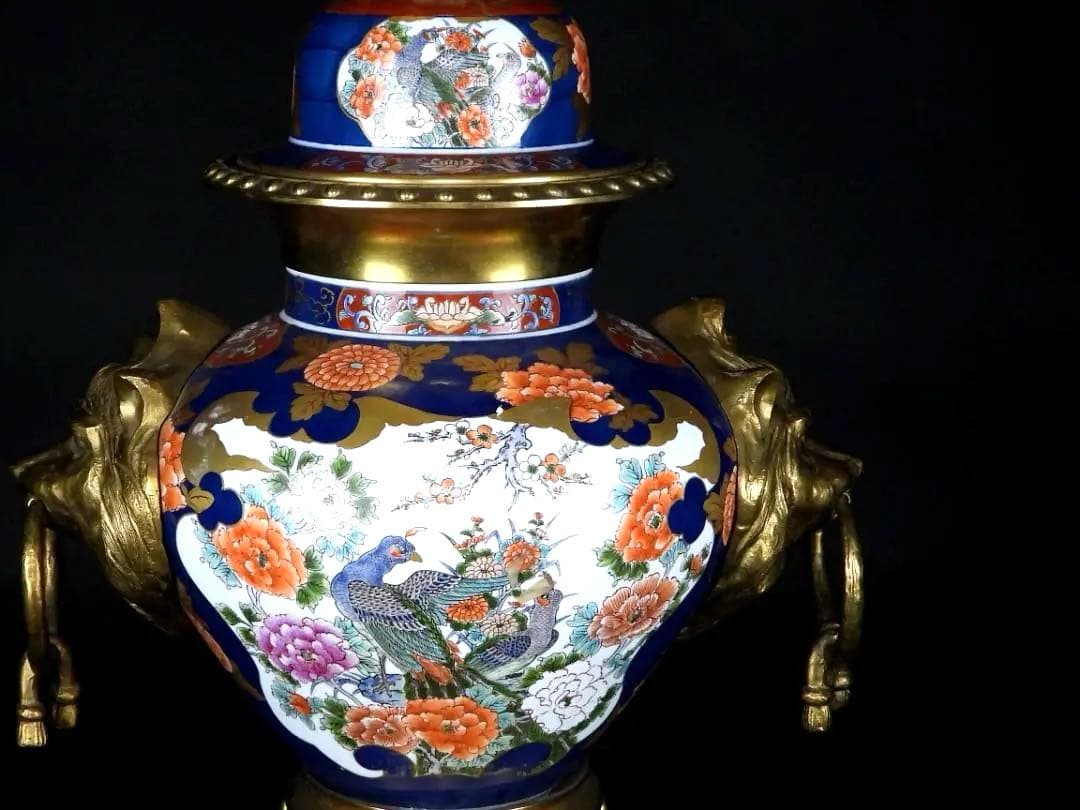 古美術 有田焼 色絵 花鳥紋 銅製 獣耳遊環 四足 燭台/高さ約103.6cm